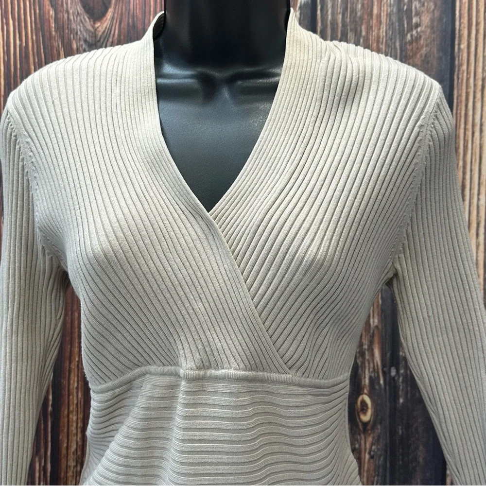 Viscose & Silk August‎ Silk Knits Latte Ribbed Crisscross Top 3/4 Sleeves Size L